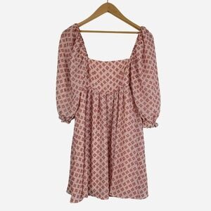 Storia Floral Diamond Print Puff Sleeve Babydoll Mini Dress NWOT Medium